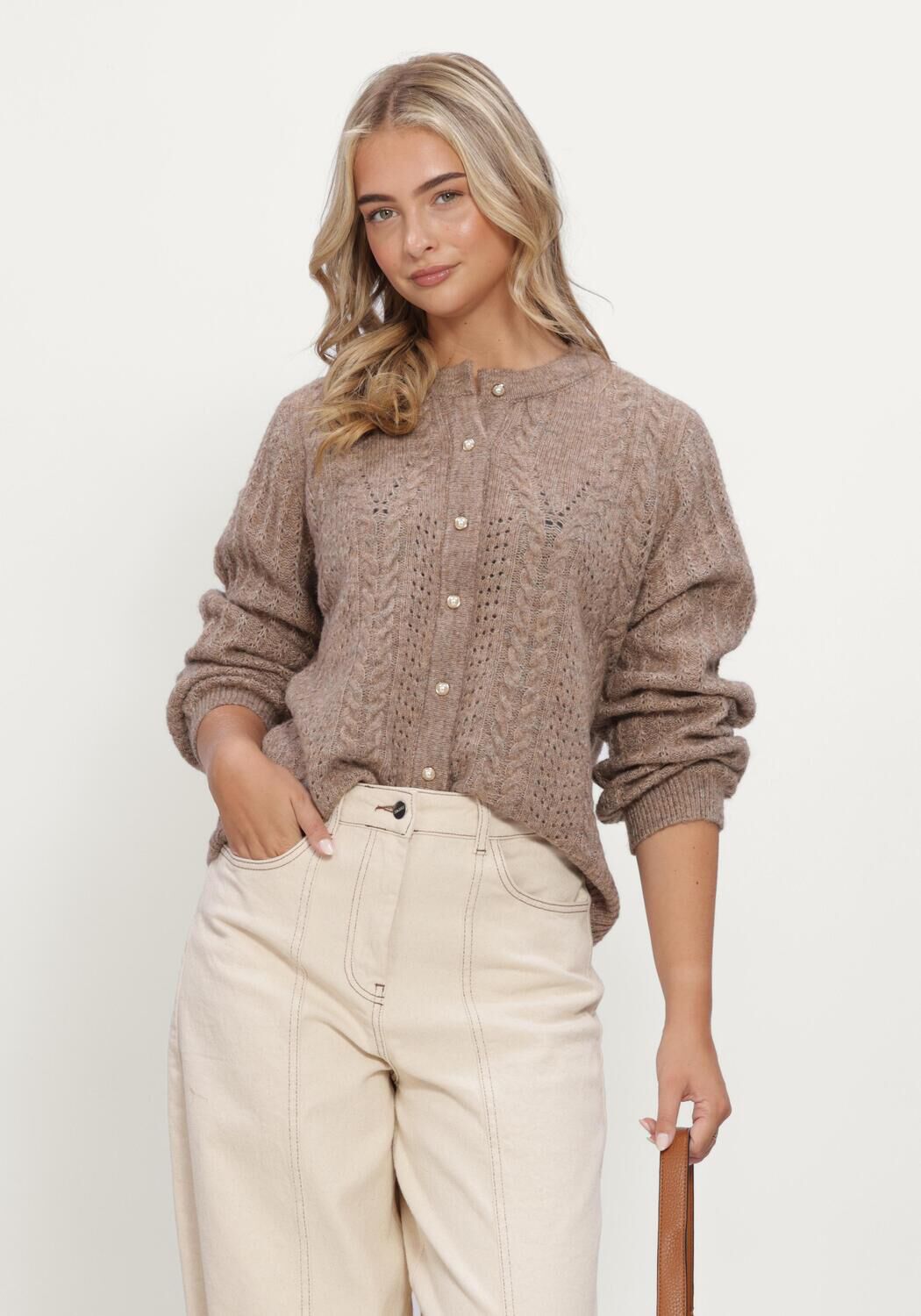 Taupe OBJECT Pullover OBJFLORA RE LS KNIT BUTTON CARDIGAN NOOS - large