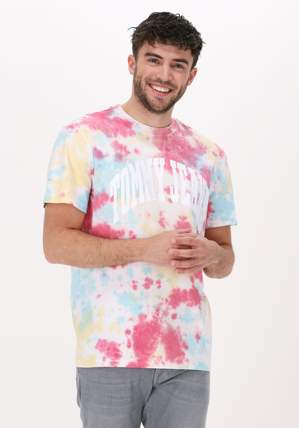 mehrfarbige bunte tommy jeans t shirt tjm aop tie dye tee