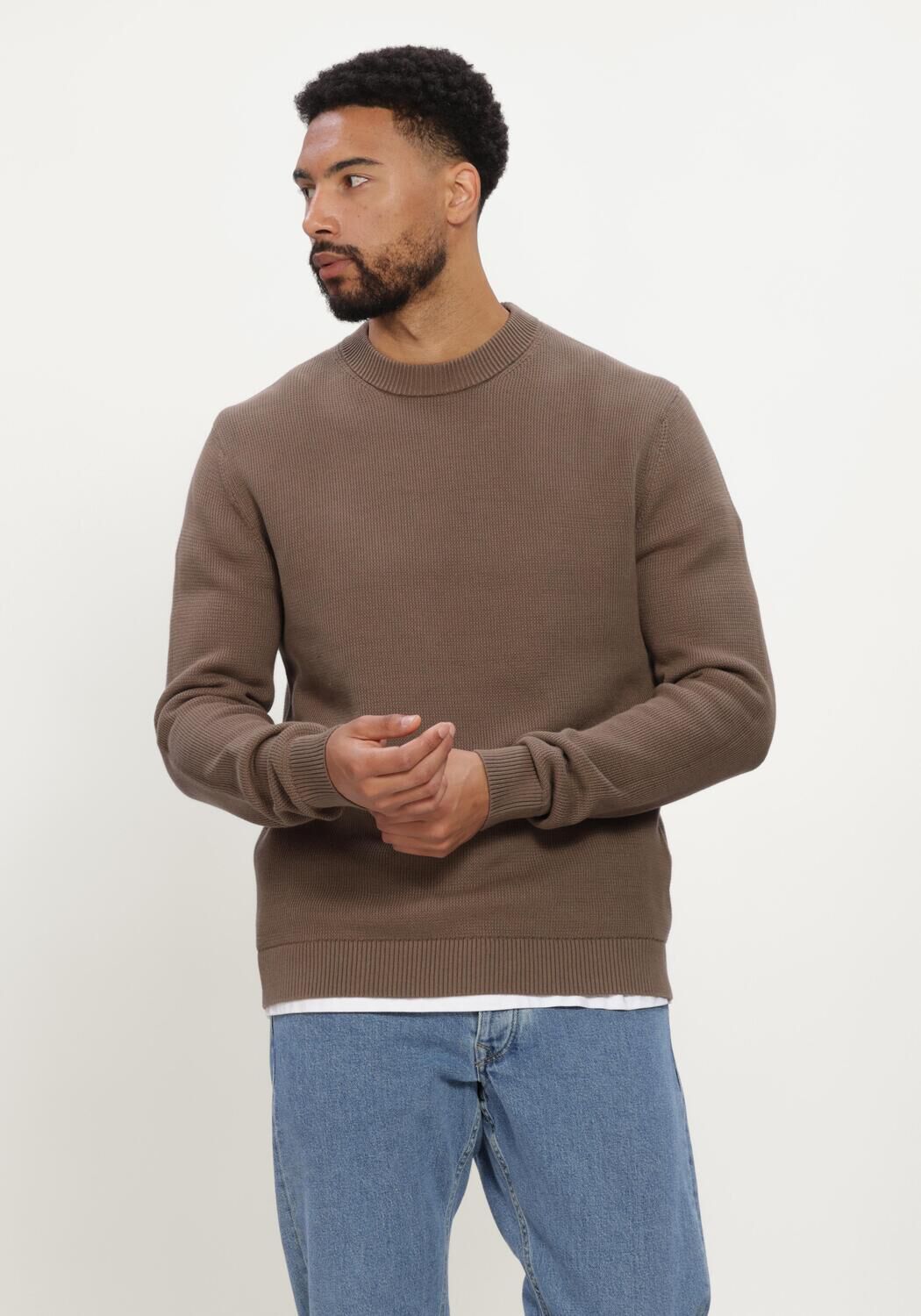 Camelfarbene SELECTED MEN Pullover SLHDANE LS KNIT STRUCTURE CREW NECK NOOS - large