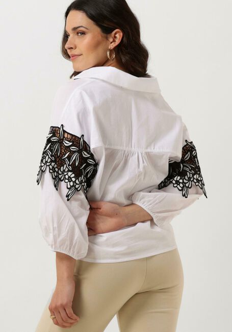 Weiße JANSEN AMSTERDAM Bluse CV777 COTTON VOILE BLOUSE WITH BLACK/WHITE LACE DETAIL 3/4 SLEEVE - large