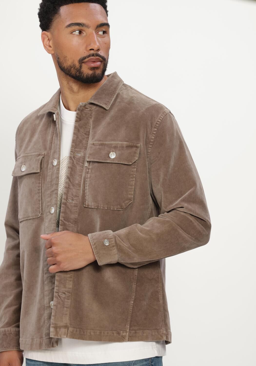 Taupe CAST IRON Overshirt LONG SLEEVE SHIRT VELVET GARMENT DYE - large