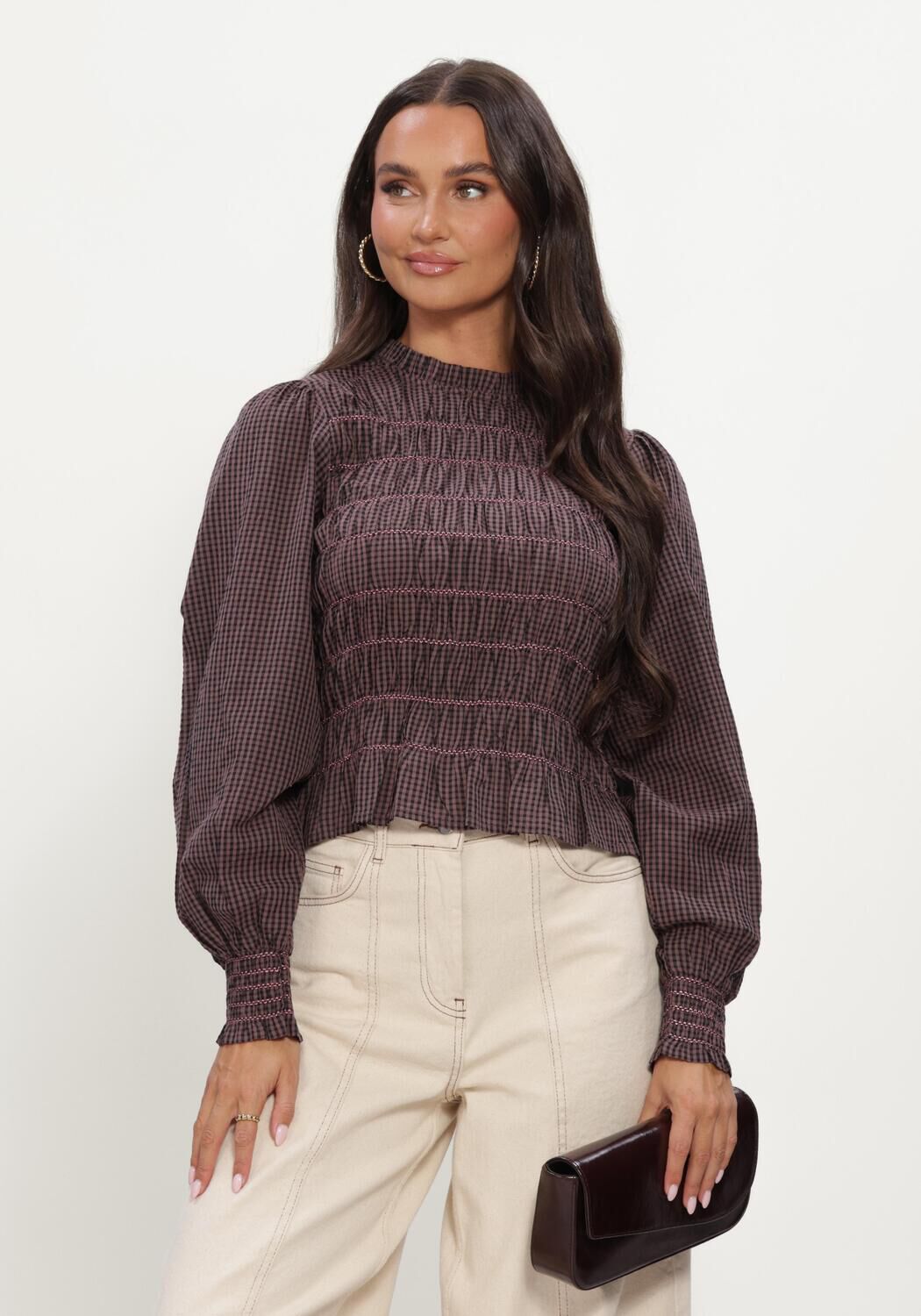 Braune NEO NOIR Top OLIANA CHECK BLOUSE - large