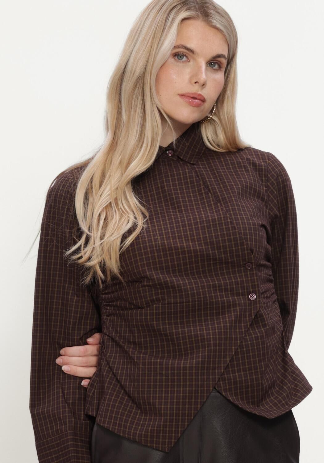 Braune NEO NOIR Top FENLI SMALL CHECK SHIRT - large