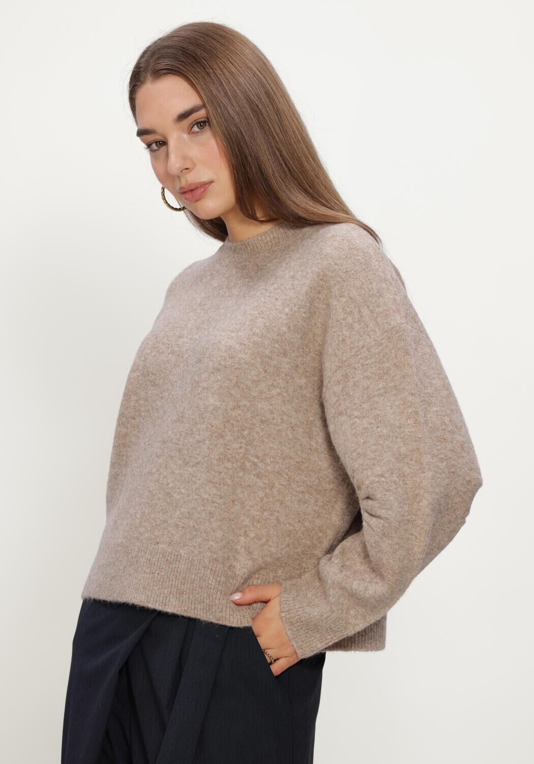 Beige SUMMUM Pullover BOXY SWEATER WOOL ELASTANE BLEND KNIT - large