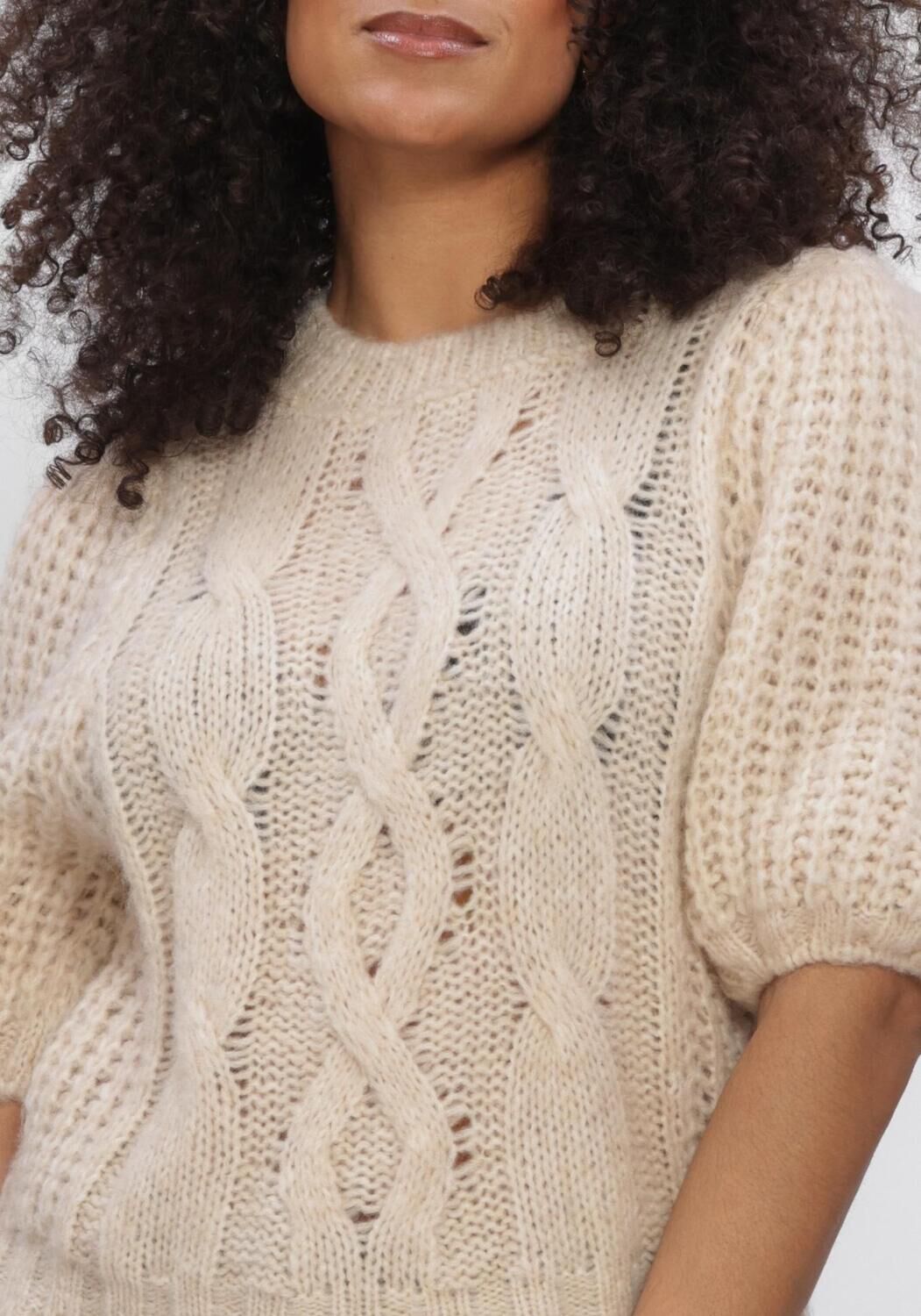 Beige SUMMUM Pullover PUFF SLEEVE SWEATER COZY CABLE KNIT - large