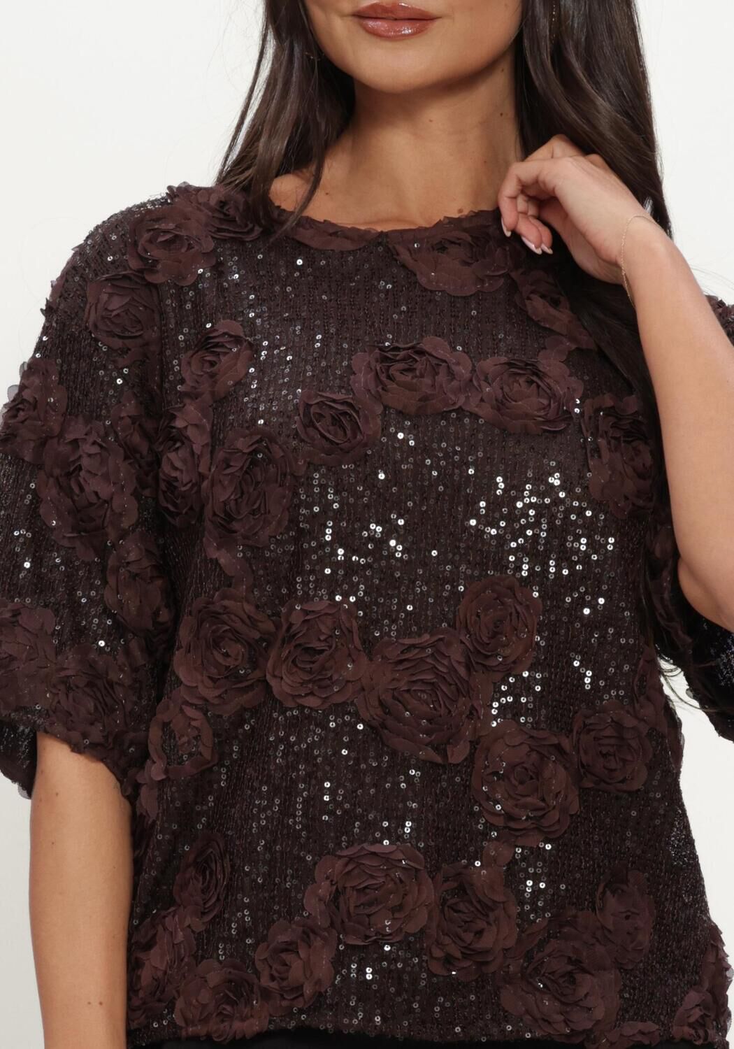 Braune Y.A.S. Top YASELYSIA 3/4 SEQUIN TOP - large