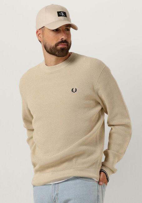 Beige FRED PERRY Pullover WAFFLE STITCH CREW NECK JUMPER - large
