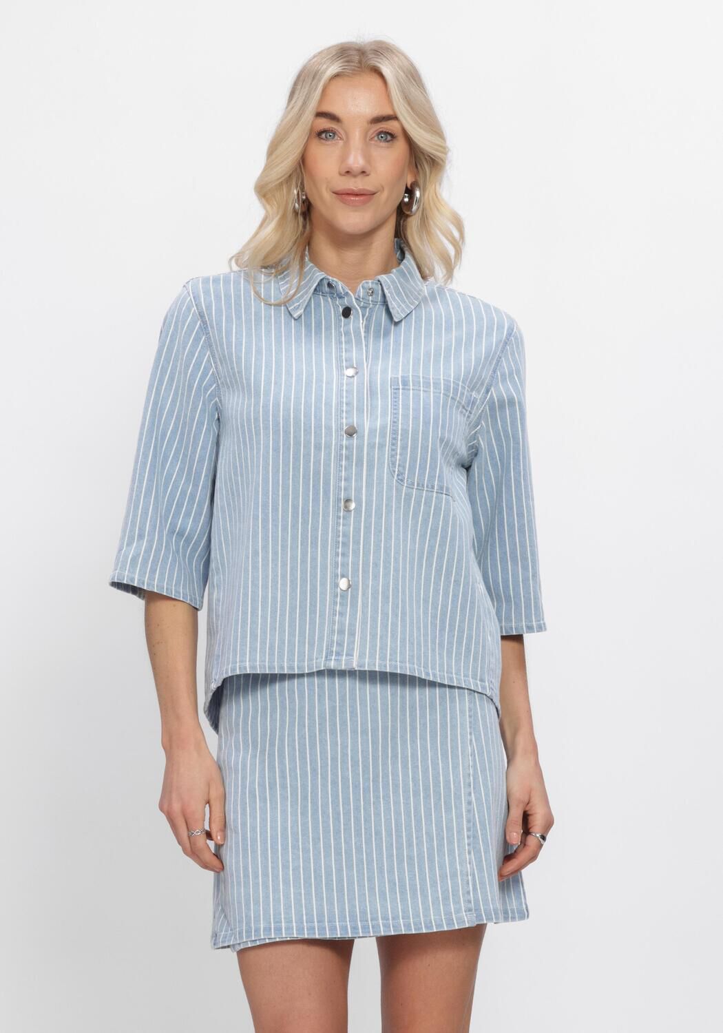 Blaue OBJECT Blusen OBJSANNI 2/4 RE DENIM SHIRT - large