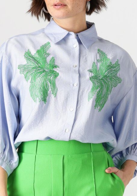 Blaue JANSEN AMSTERDAM Blusen ODESSA BLOUSE FS 707 3/4 PUFFED SLEEVE GREEN EMBROIDERY - large