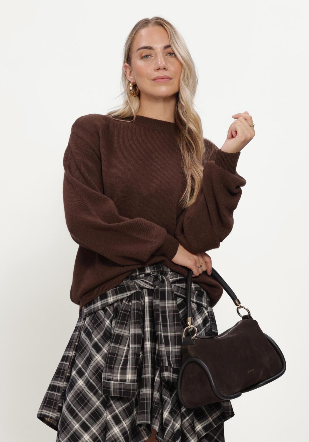Braune ALIX THE LABEL Pullover & Cardigans LADIES KNITTED SHOULDER PADS PULLOVER - large