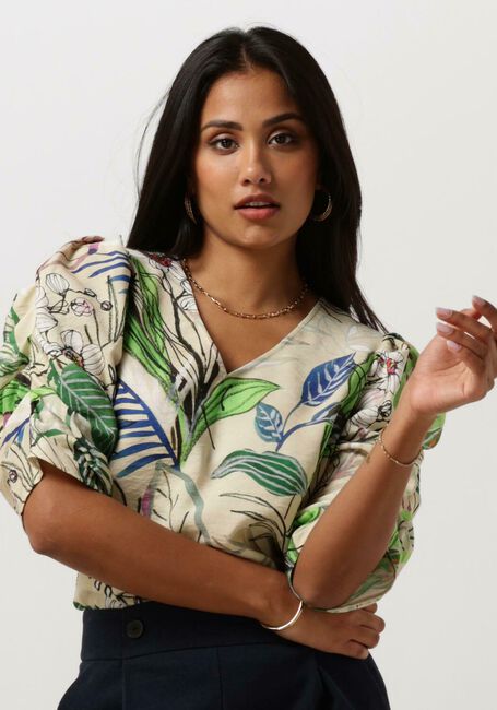 Sand JANSEN AMSTERDAM Top WB180 PRINTED WRINKEL DETAIL SHORT SLEEVE TOP - large