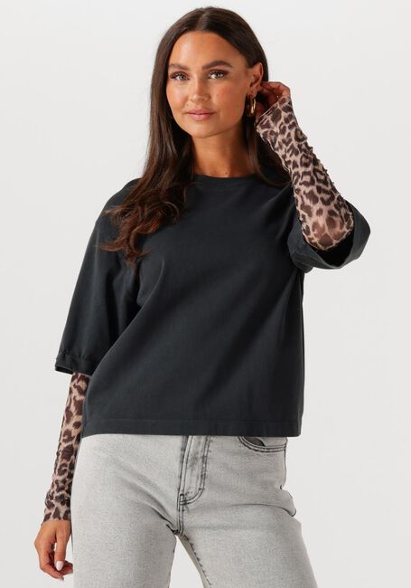 Schwarze CATWALK JUNKIE T-shirt LOOSE FIT TSHIRT WITH LEOPARD MESH SLEEVES - large