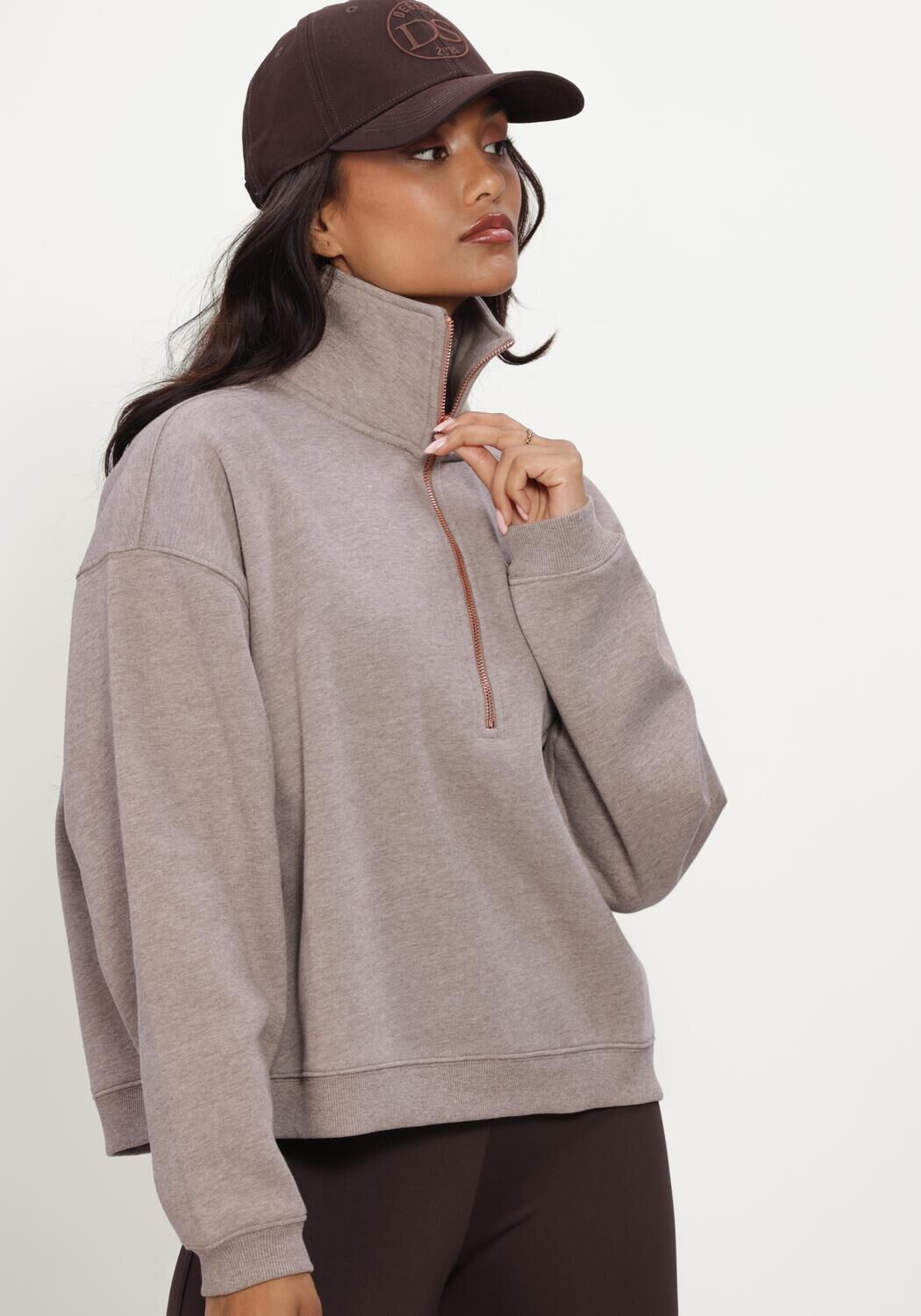Taupe DEBLON SPORTS Sweatshirt AISHA HALF ZIP SWEATER - large