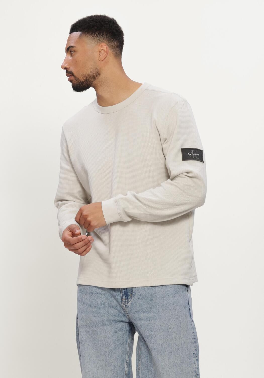 Beige CALVIN KLEIN T-shirt LS WAFFLE BADGE CREWNK TEE - large