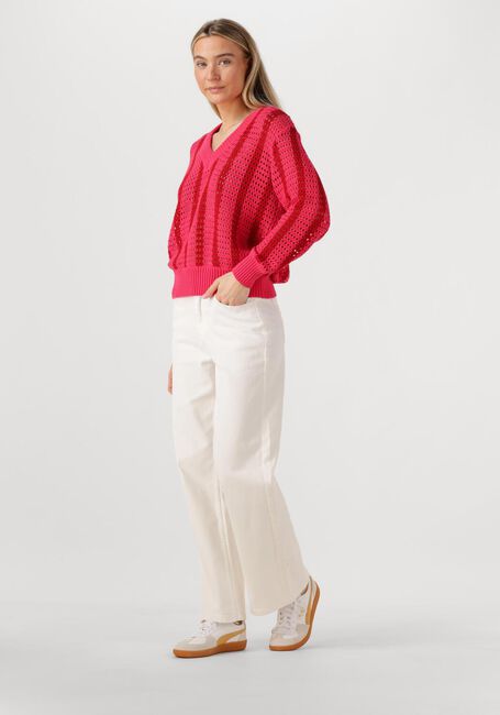 Rote COLOURFUL REBEL Pullover LIZZA CROCHET STRIPE V-NECK SWEATER - large