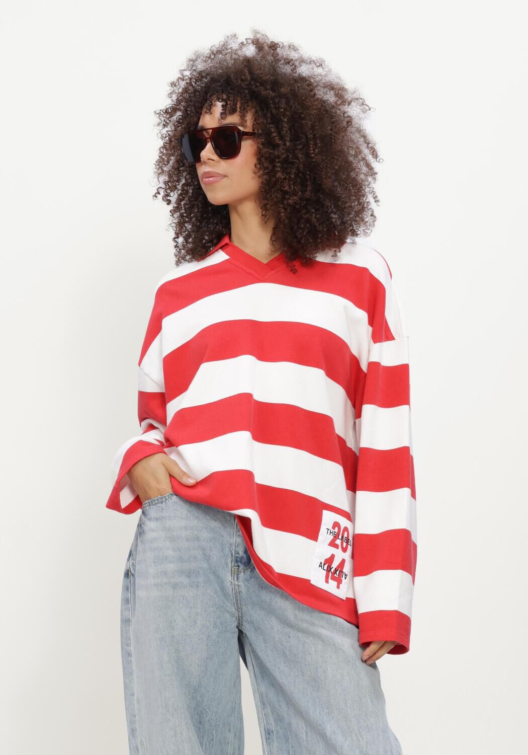 Rote ALIX THE LABEL Pullover & Cardigans LADIES KNITTED BLOCK STRIPE POLO SWEATER - large