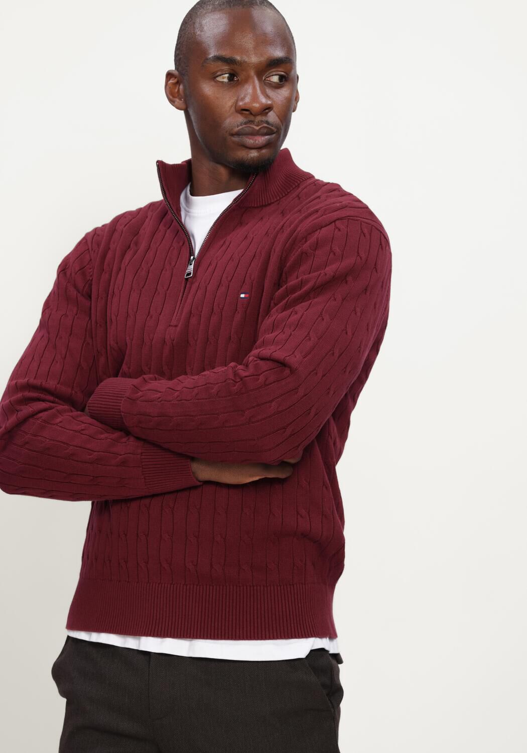 Bordeaux TOMMY HILFIGER Pullover CLASSIC COTTON CABLE ZIP MOCK - large