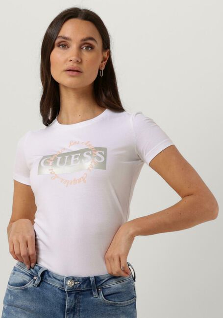 Weiße GUESS T-shirt SS CN ROUND LOGO TEE - large