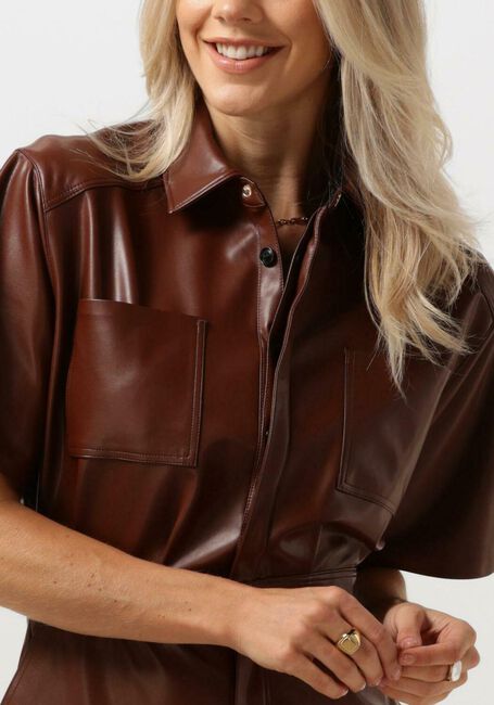 Braune VANILIA Midikleid FAUX LEATHER SHIRT DRESS - large