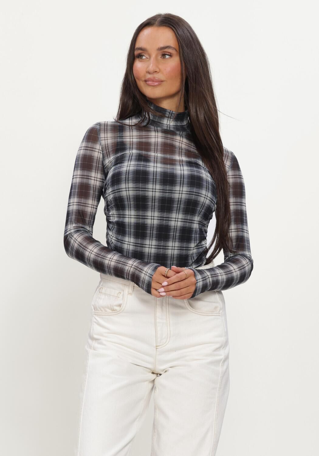 Schwarze DANTE6 Tops & T-shirts CASHA PRINTED CHECK MESH TOP - large