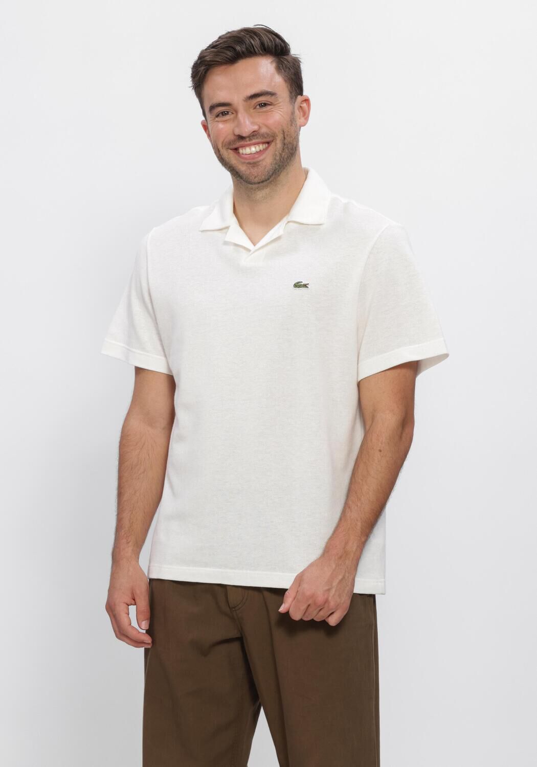 Ecru LACOSTE Polo-Shirt CLASSIC FIT OPEN NECK COTTON LINEN BLEND POLO - large