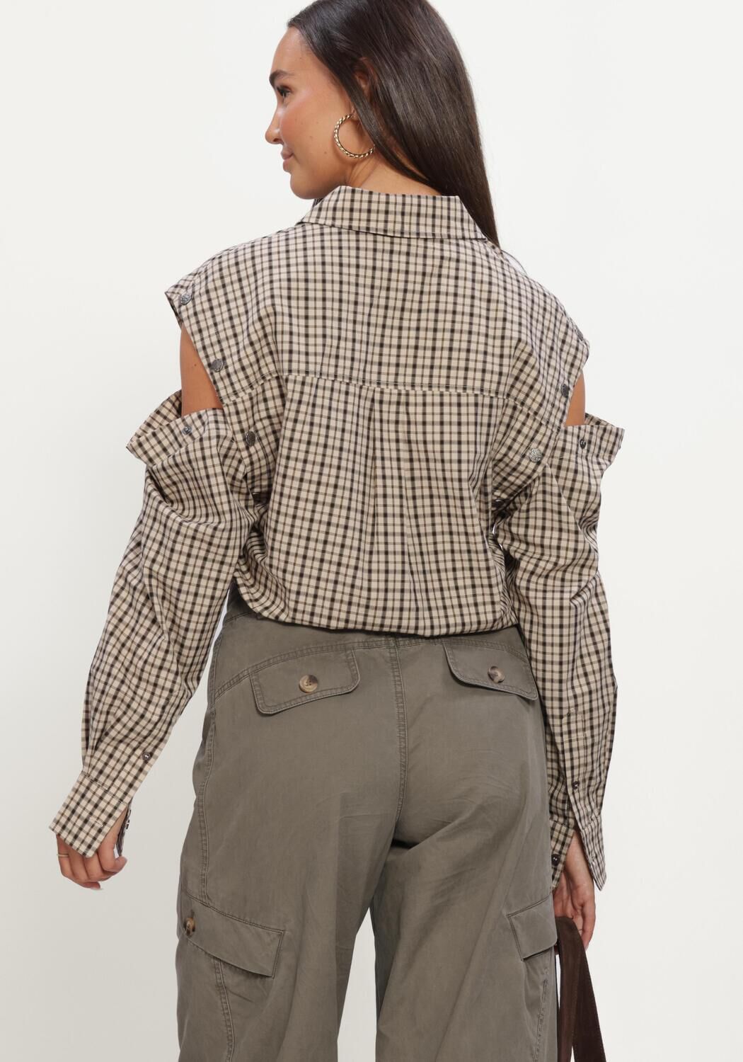 Beige HAUTE L'AMITI&Eacute; Blusen RUBY CHECK BUTTON SLEEVE SHIRT - large