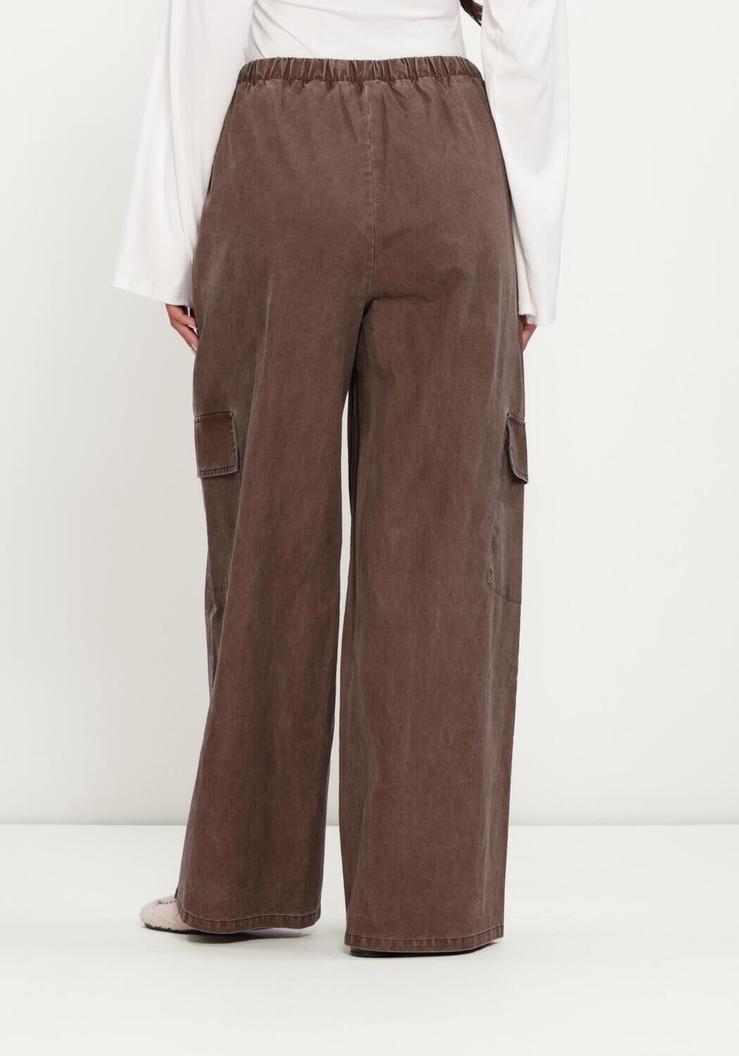 Braune REFINED DEPARTMENT Cargohosen LADIES WOVEN WASHED WIDE LEG CARGO PANTS MILA - large
