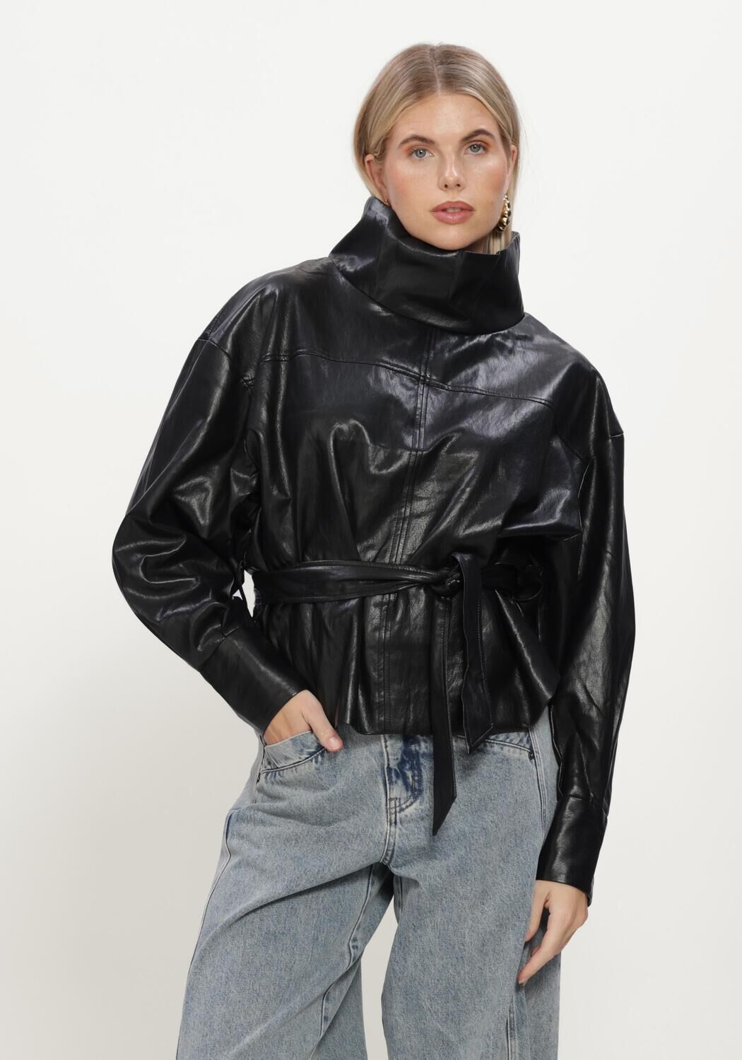 Schwarze CO'COUTURE Lederjack GITTCC FUNNEL NECK BLOUSE - large