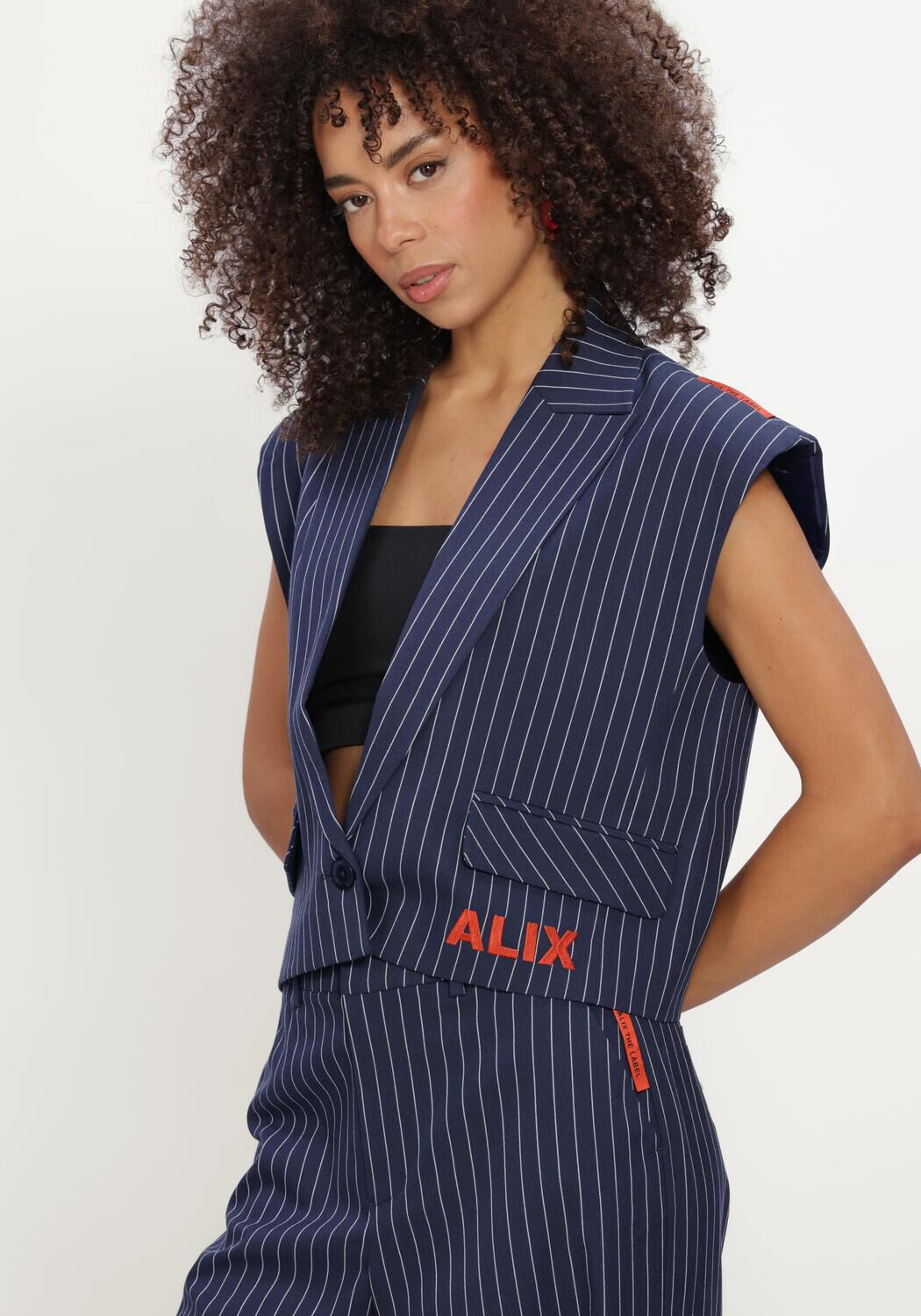 Dunkelblau ALIX THE LABEL Gilet LADIES WOVEN STRIPED WAISTCOAT - large