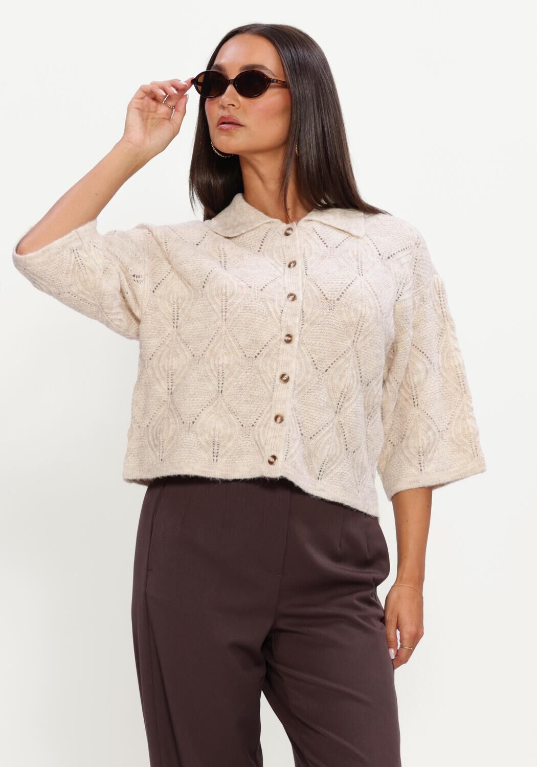 Beige OBJECT Pullover OBJKAISA FLORA 3/4 LO KNIT CARDIGAN NOOS - large