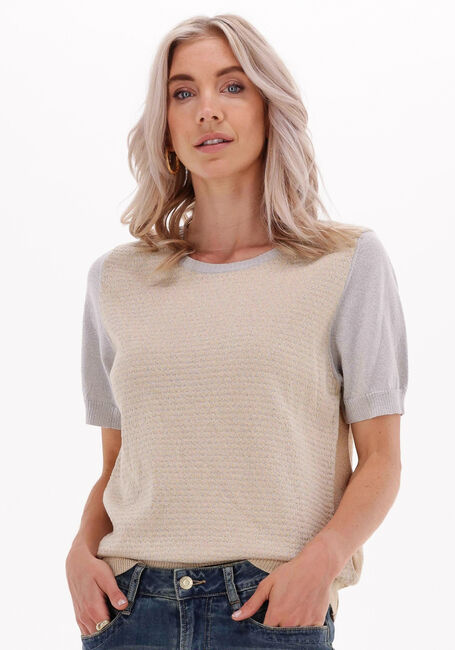 Beige SUMMUM Pullover SHORT SLEEVE SWEATER COTTON SHIMMER JACQUARD KNIT - large