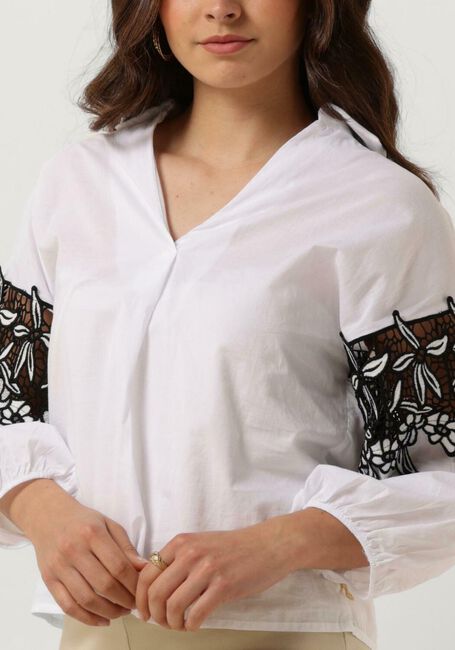 Weiße JANSEN AMSTERDAM Blusen CV777 COTTON VOILE BLOUSE WITH BLACK/WHITE LACE DETAIL 3/4 SLEEVE - large