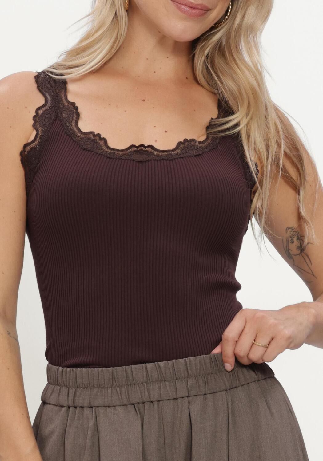 Braune ROSEMUNDE Top BABETTE SILK SL U-NECK LONG LACE - large
