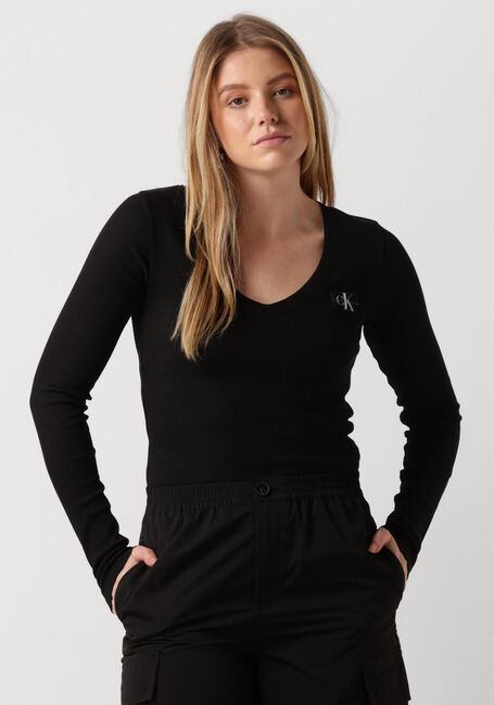 Schwarze CALVIN KLEIN Langarmshirts WOVEN LABEL V-NECK LONG SLEEVE - large
