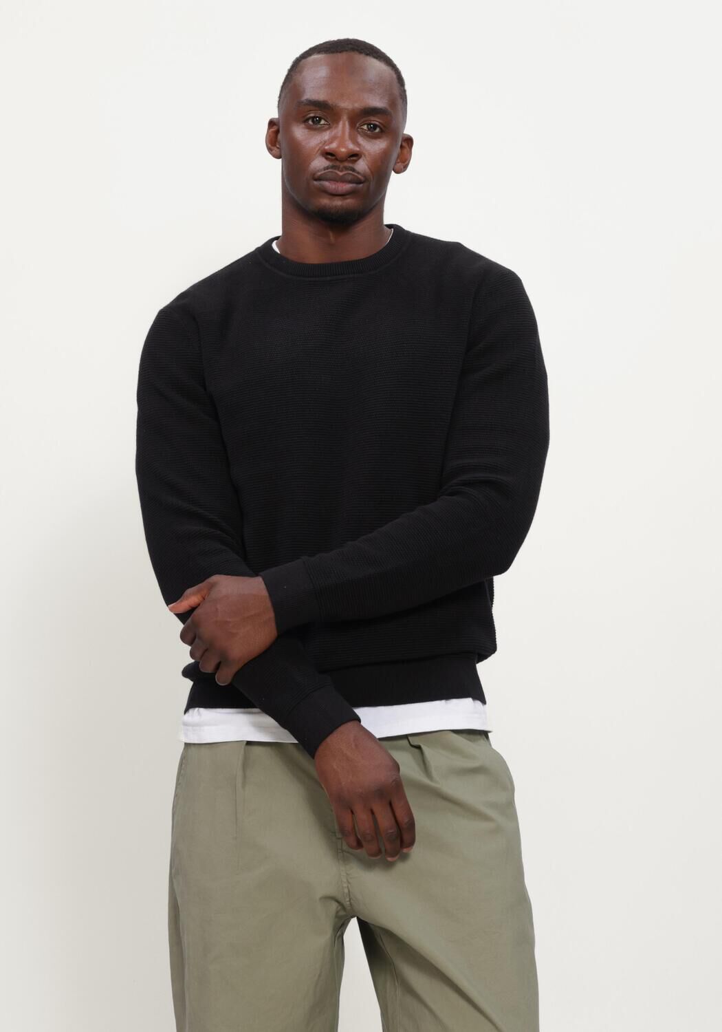 Schwarze SELECTED MEN Pullover SLHROSS LS KNIT STRUCTURE CREW NECK NOOS - large