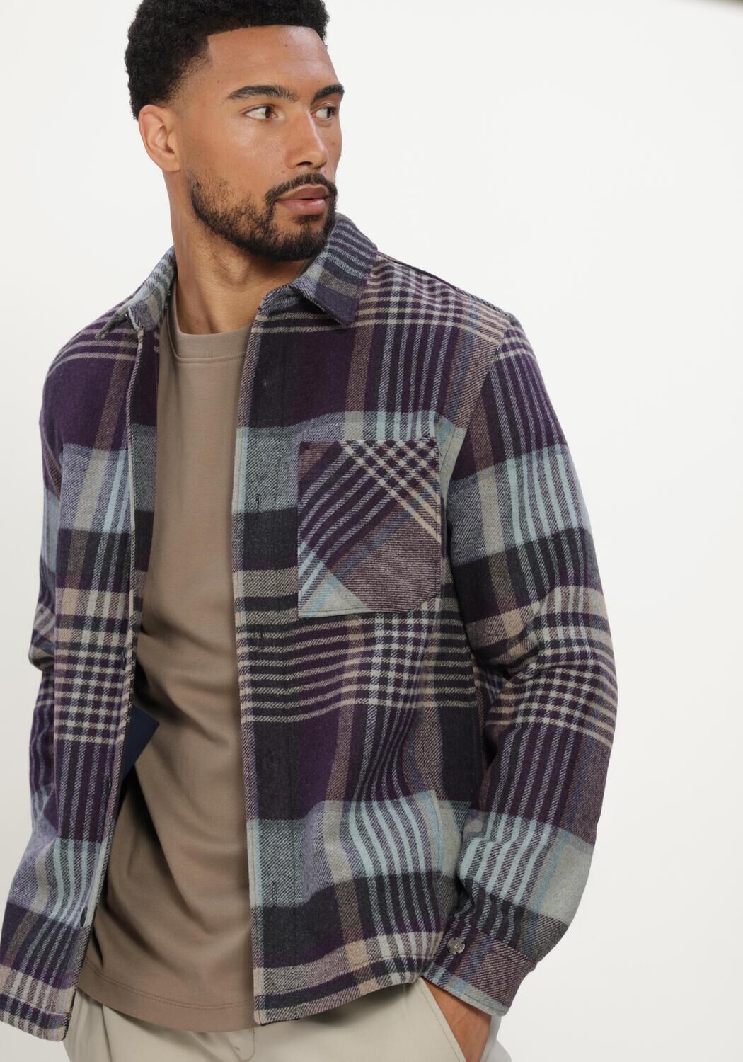 Mehrfarbige/Bunte CAST IRON Overshirt LONG SLEEVE SHIRT WOOL BLEND CHECK - large