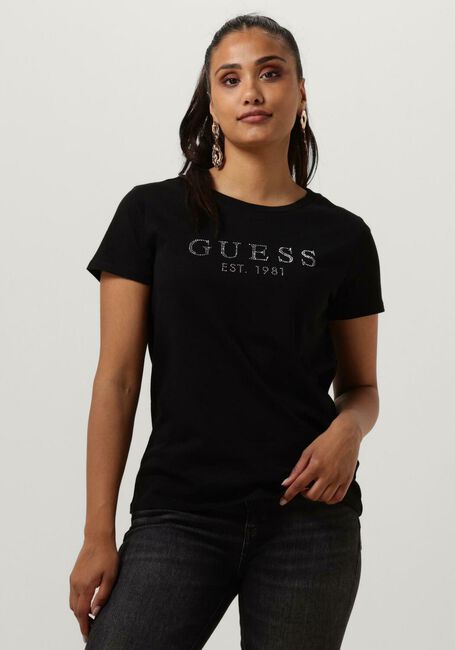 Schwarze GUESS T-shirt SS GUESS 1981 CRYSTAL EASY TEE - large