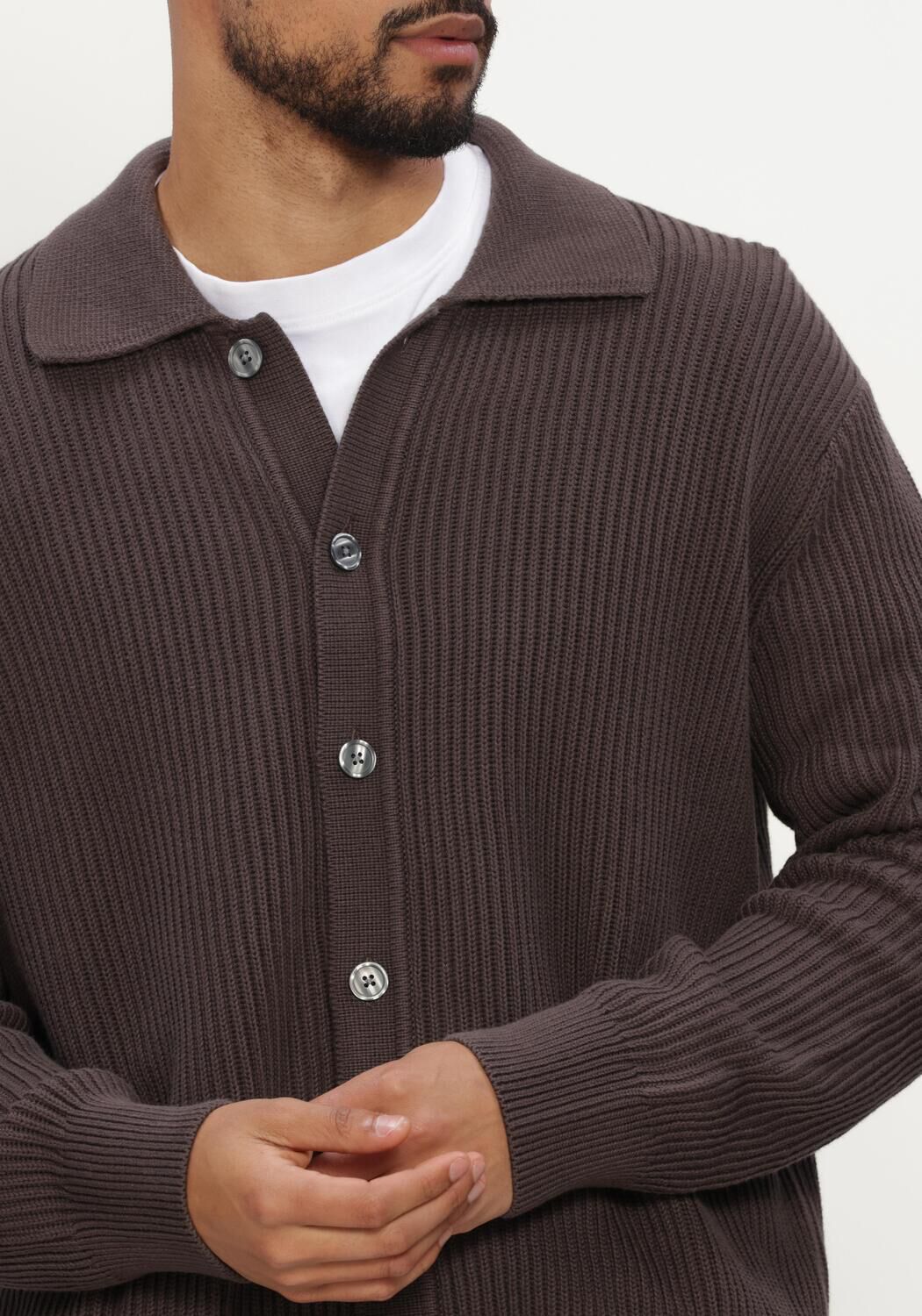 Braune SELECTED MEN Pullover LMDRY LS RIB POLO CARDIGAN - large