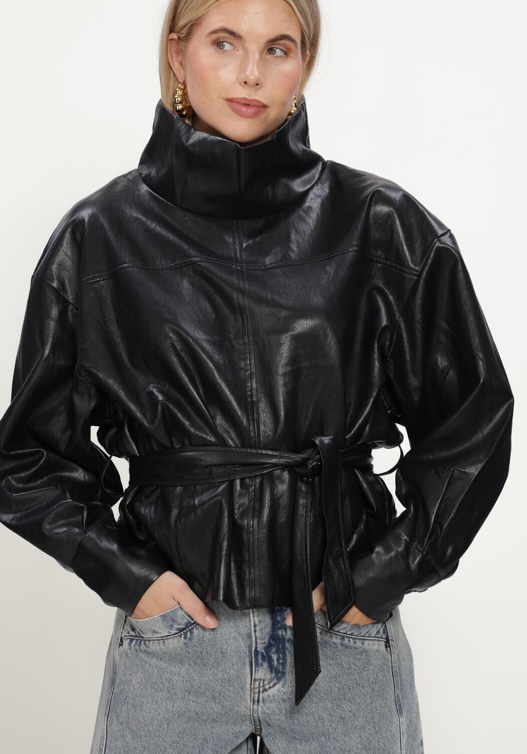 Schwarze CO'COUTURE Lederjack GITTCC FUNNEL NECK BLOUSE - large