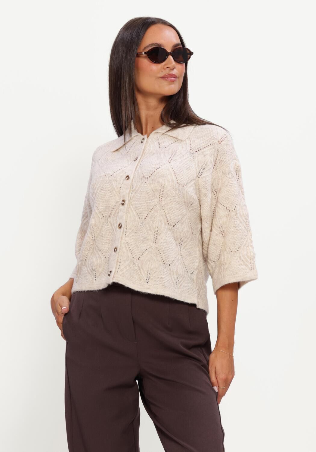 Beige OBJECT Pullover OBJKAISA FLORA 3/4 LO KNIT CARDIGAN NOOS - large