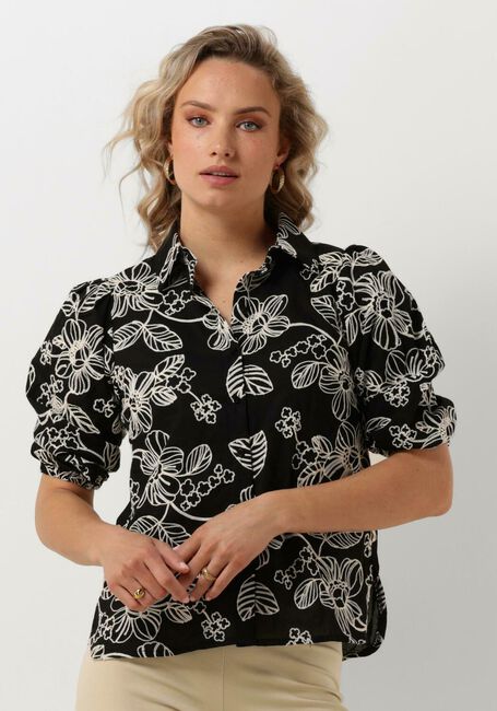 Schwarze JANSEN AMSTERDAM Blusen WGE722 EMBROIDERED BLOUSE 3/4 PUFFED SLEEVE - large