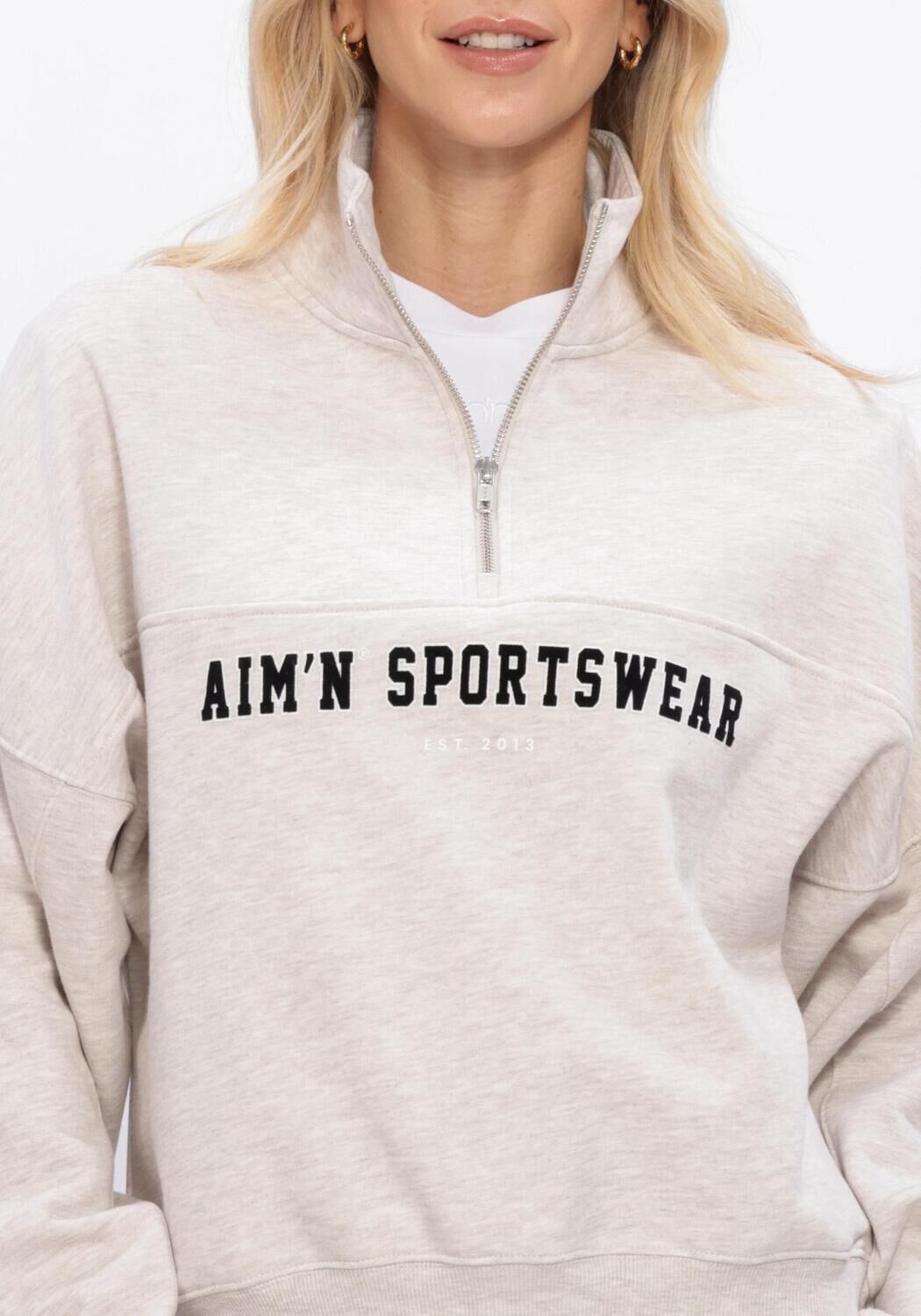 Beige AIM'N Pullover VARSITY SWEAT HALF ZIP - large