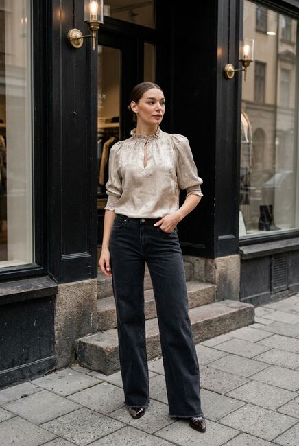 Woman in satin blouse half-tucked into wide-leg jeans